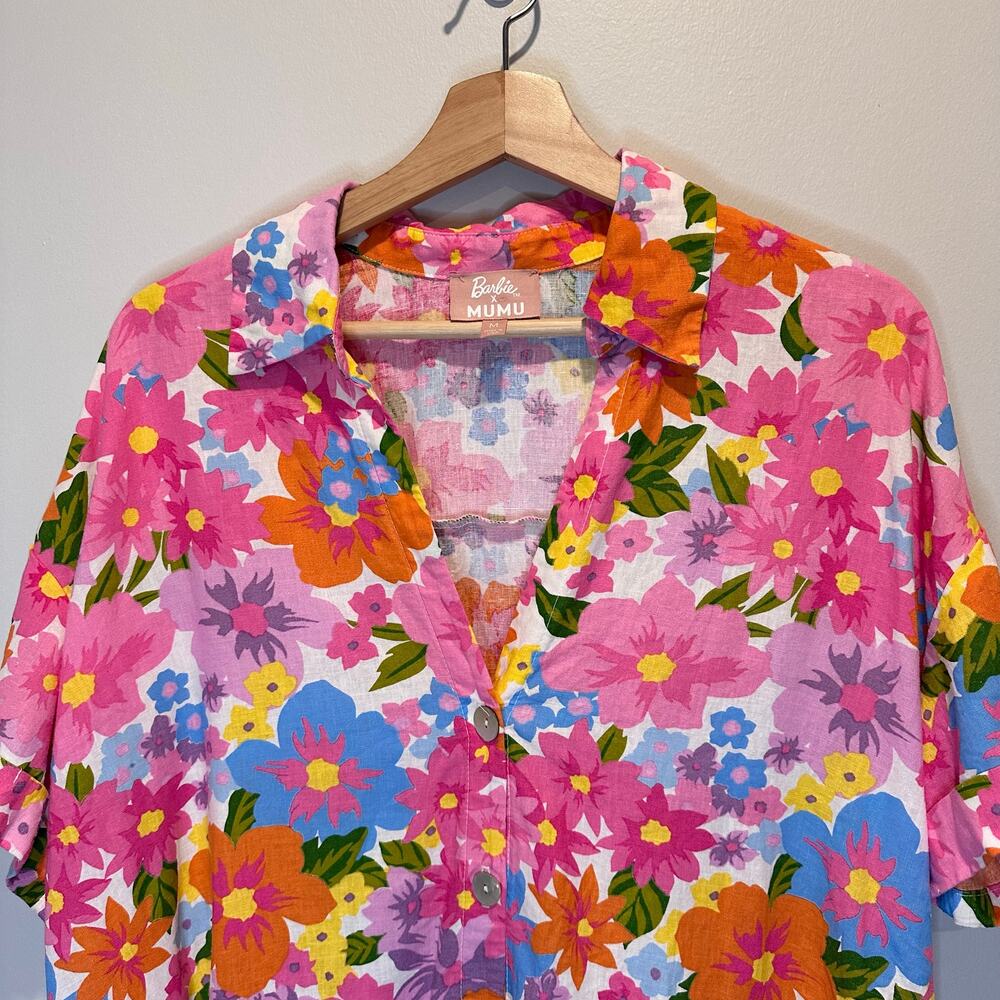 Show Me Your MuMu Parker Button Down Barbie Linen | Pink Orange‎ Floral | SZ M - Picture 7 of 13